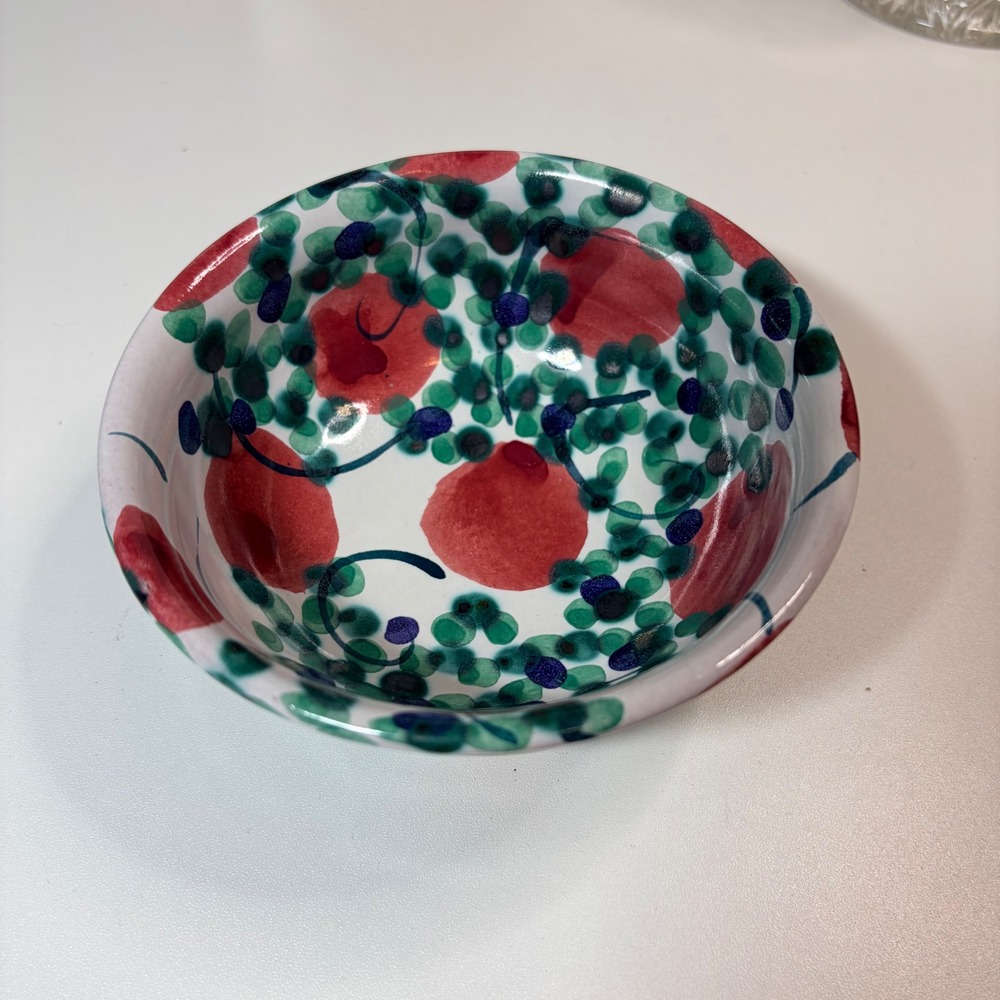 Studio Pottery Signed Hand Painted Floral Berry Ceramic Bowl Terracotta 5"